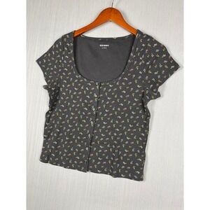 Old Navy Top Womens Large White Ditsy Floral Button Front Ribbed Scoop Neck Tee